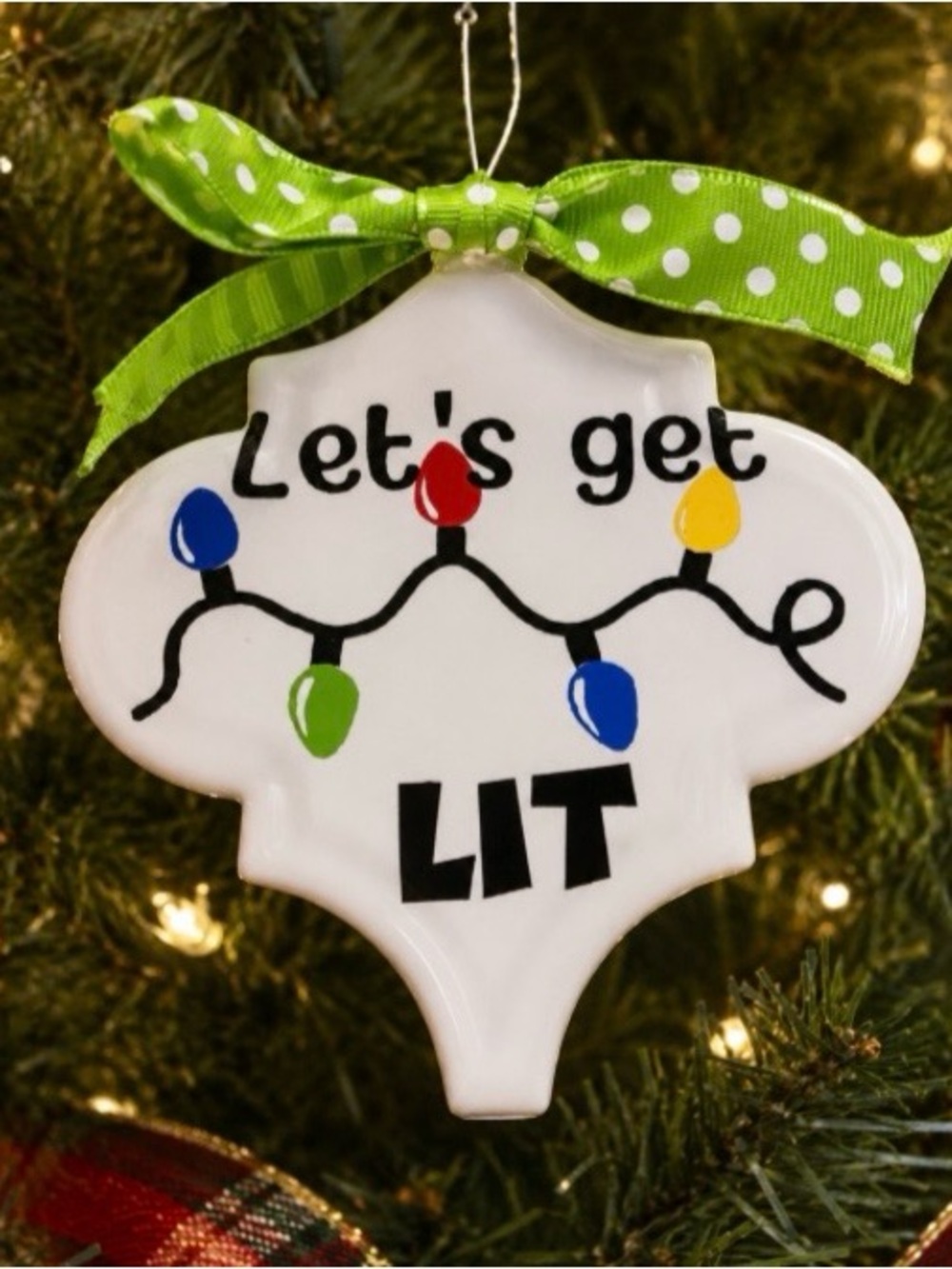 Let's Get Lit Christmas Ornament Ceramic String of Lights Green Bow Holiday Gift